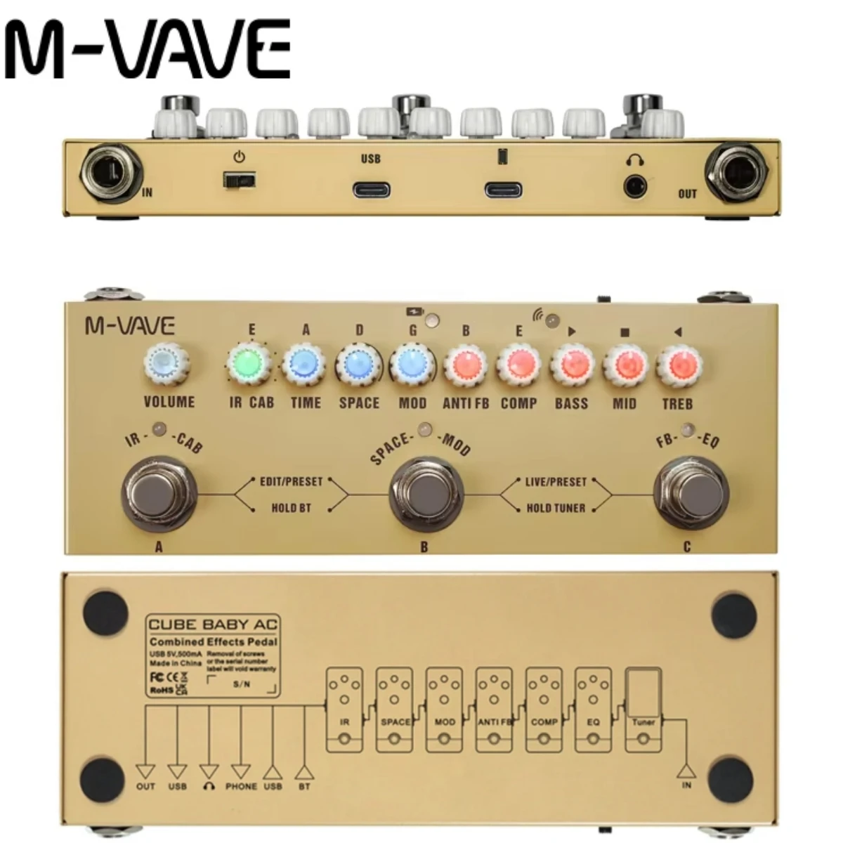 M-VAVE Cube Baby AC Pro Acoustic Guitar Processor | 9 AMP/IR Sims w/ Dly/Chs/Rvb FX | USB Audio Interface & Type-C Recharge
