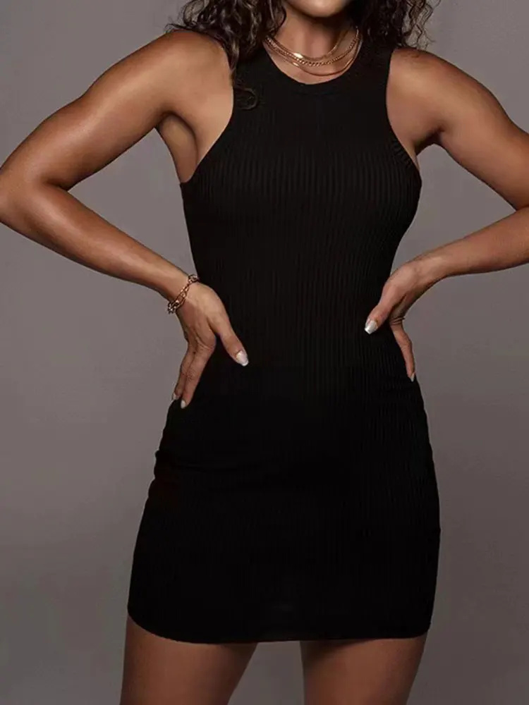 Schwarzes geripptes, figurbetontes Sommerkleid, sexy Weste, ärmellose Weste, Club-Party-Minikleid, einfarbig, eng anliegend