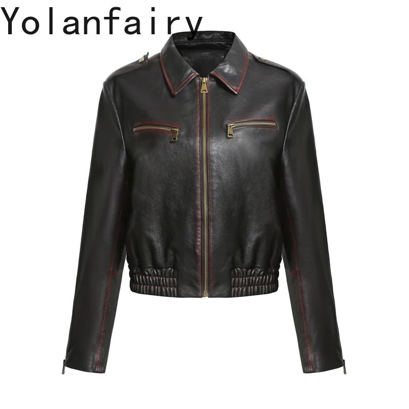 YOLANFAIRY Hohe Qualität Echt Schaffell Vintage Leder Jacke Frauen Kurze Echtes Leder Mantel Streetwear Chic Leder Jacken