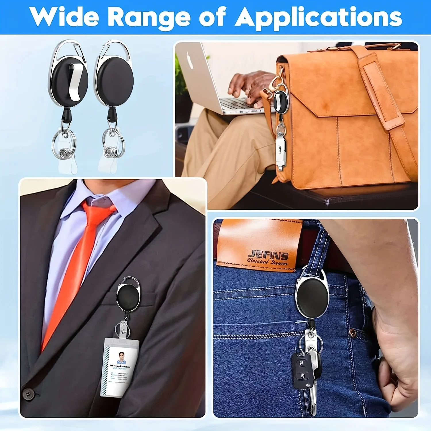 Retractable ID Badge Holder with 360° Swivel Clip, Belt Carabiner, Keychain Ring & Snap Hook, PVC Reel Strap 3/5PCS Lanyard