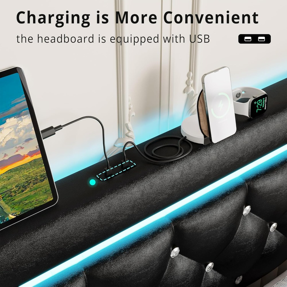 Full Size Bed Frame with LED Light, 4 Drawers, Adjustable Crystal Button Tufted Headboard, PU Leather Platform Bed Frame