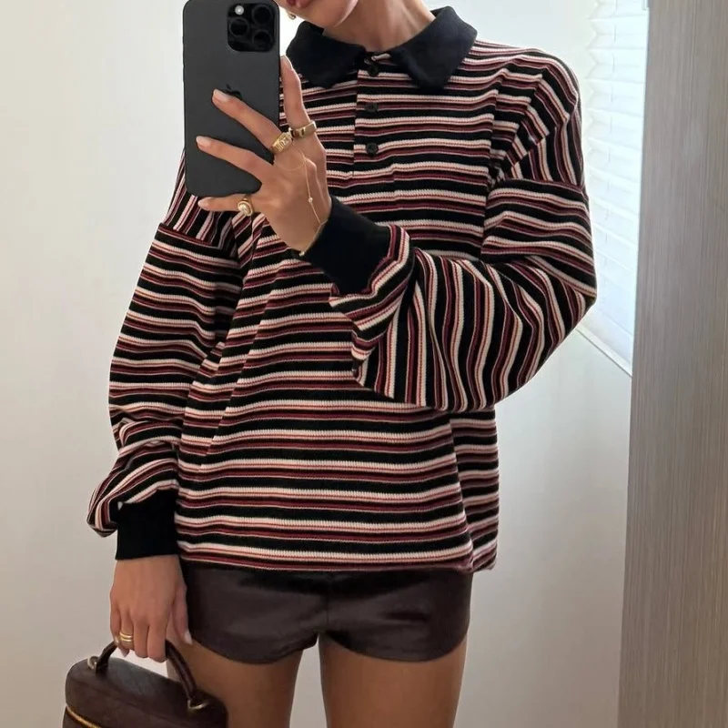 Camisa de rugby a rayas para mujer, cuello de solapa, jersey vintage de manga larga de gran tamaño, camiseta Y2k, sudaderas informales