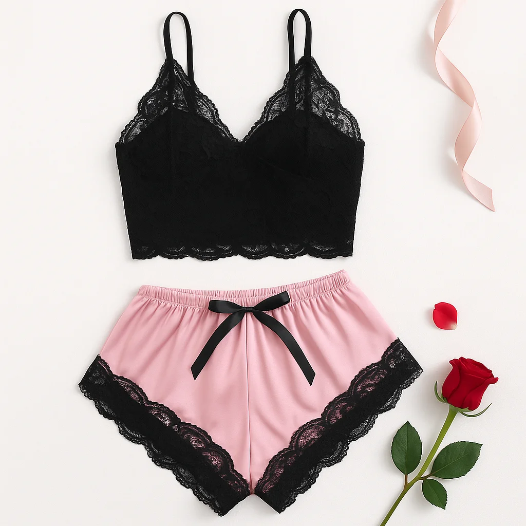 Pigiama sexy in pizzo da donna 2 pezzi Set bralette trasparente Cami Top e pantaloncini Indumenti da notte traspiranti Lingerie estiva taglie forti