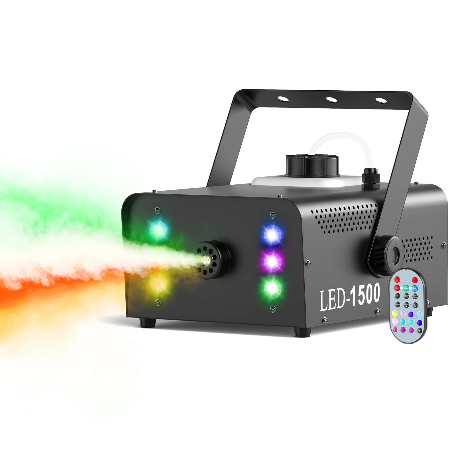 Wytwornica mgły U'King 1500W RGB z 6 diodami LED i pilotem zdalnego sterowania, idealna na imprezy DJ, dyskoteki, do klubów nocnych i jako efekt sceniczny.