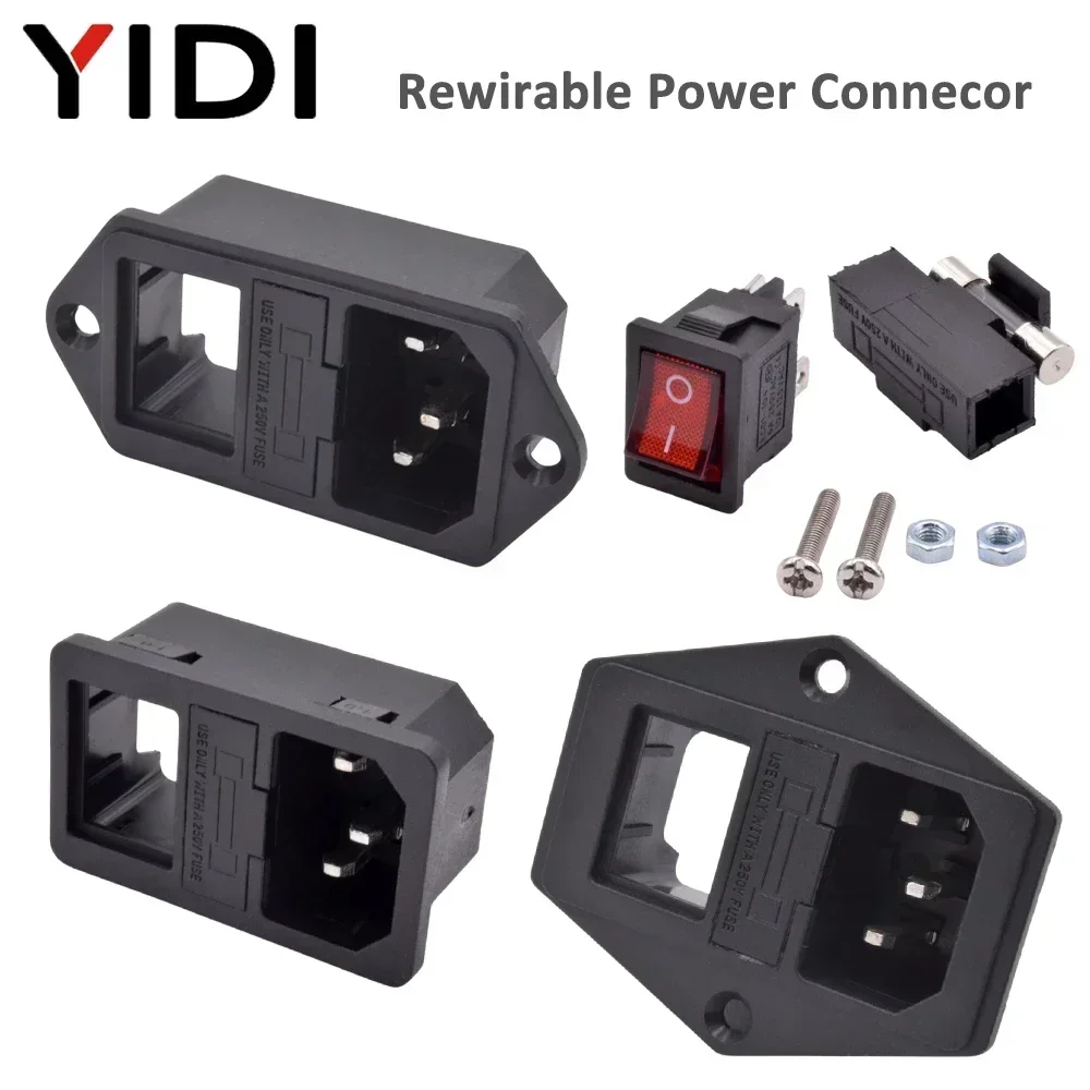 IEC 320 C13 C14 enchufe de entrada de CA 250V 10A fusible lámpara roja interruptor basculante Rewirable 3 pines conector eléctrico macho hembra