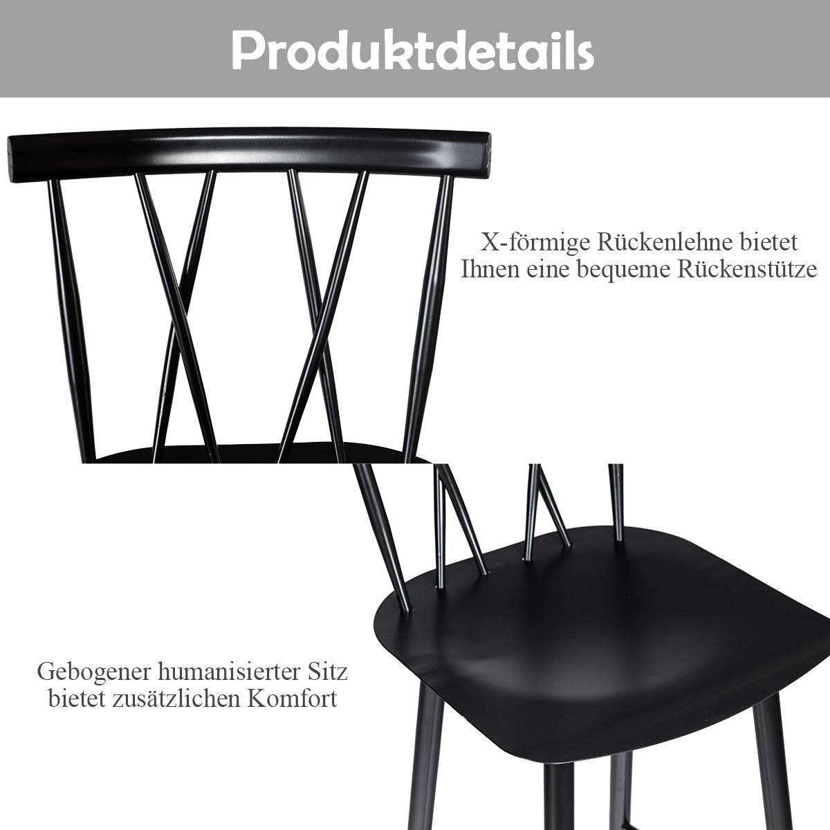 2er Set Esszimmerstuhl Barstuhl, Schicker Bistrostuhl Beistellstuhl aus Metall, Essstuhl mit Rückenlehne, Barhocker Caféstuhl