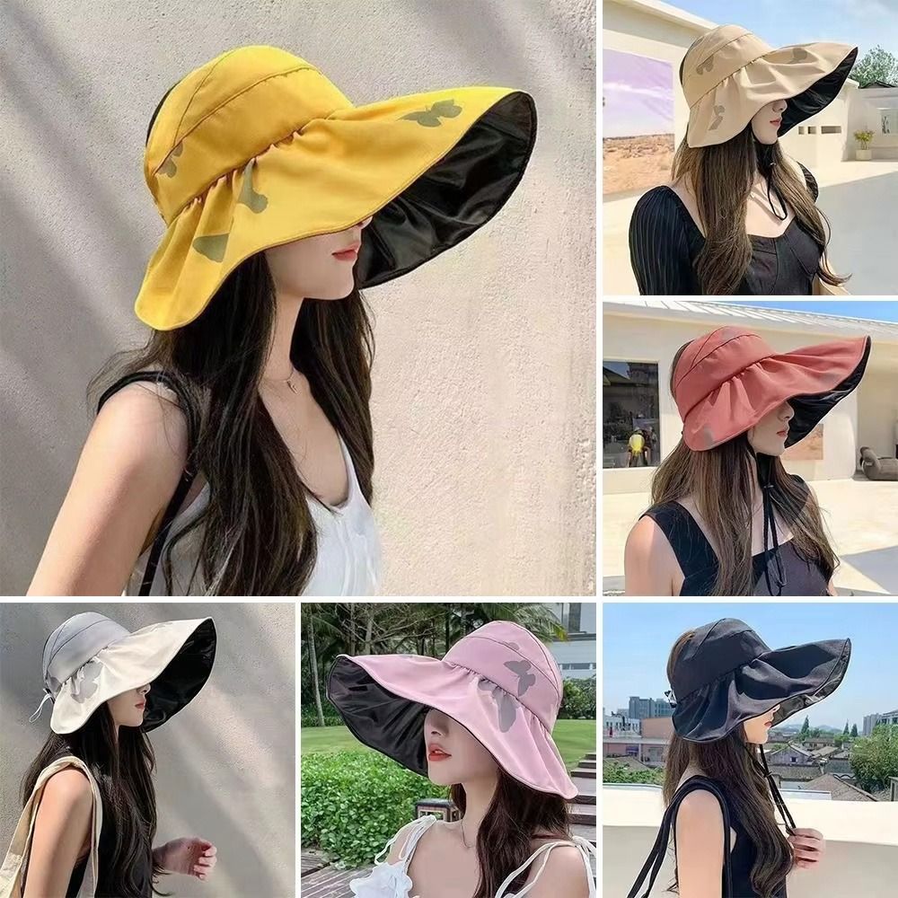 Fashion UV Protection Large Visor Sun Hat Foldable Empty Top Summer Sun Cap Wide Brim Adjustable Sunscreen Bucket Hat Ladies