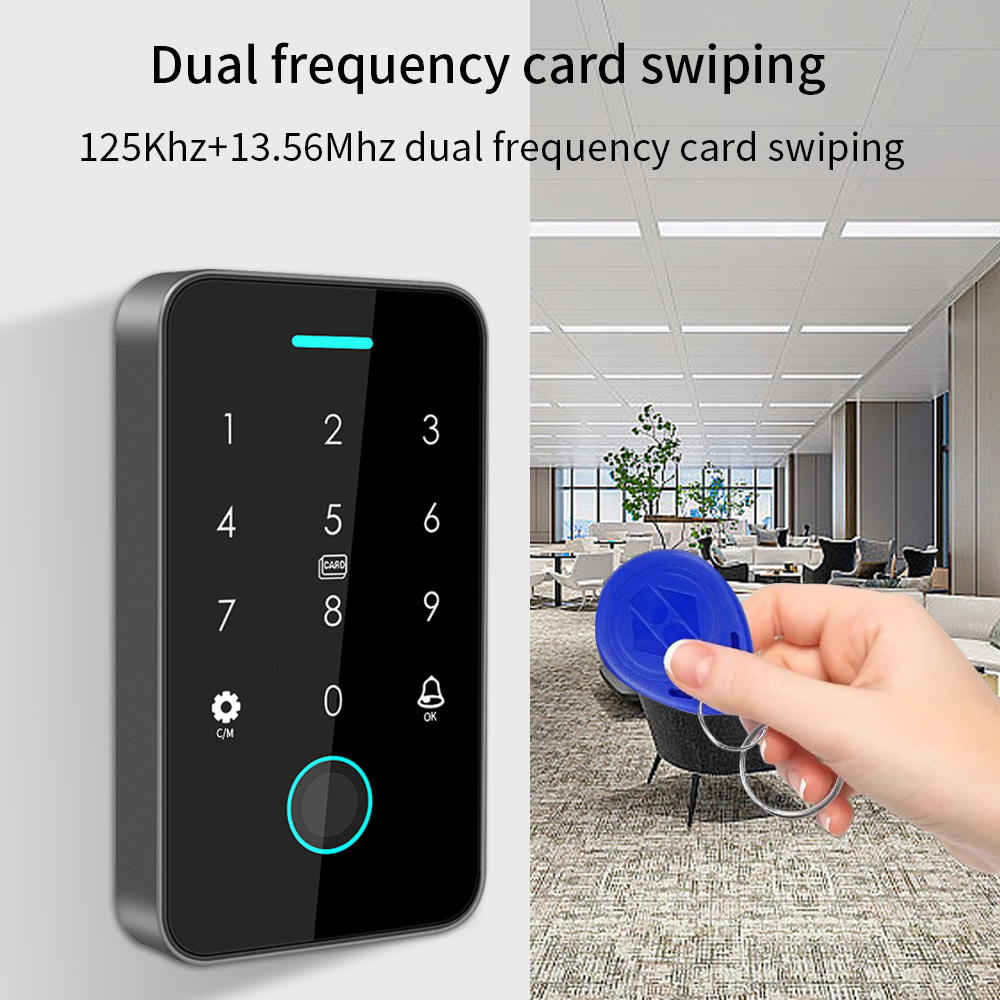Duplo RFID 125Khz + 13.56MHz NFC Tuya Teclado de controle de acesso por impressão digital externa IP67 Abridor de porta biométrico à prova d'água com gateway