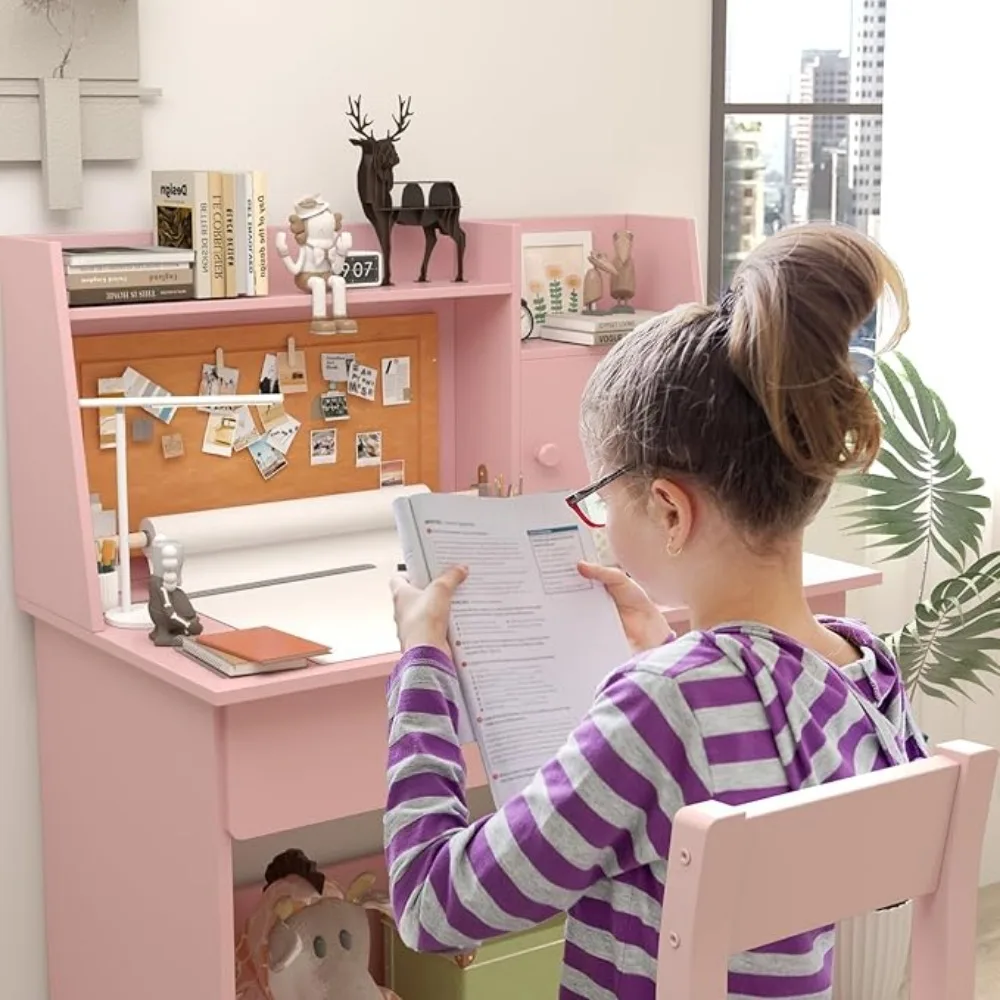 Kids Desk and Chair Set , Childrens Computer Desk with Drawers and Storage Shelf, Kids Study Table with Charging Station
