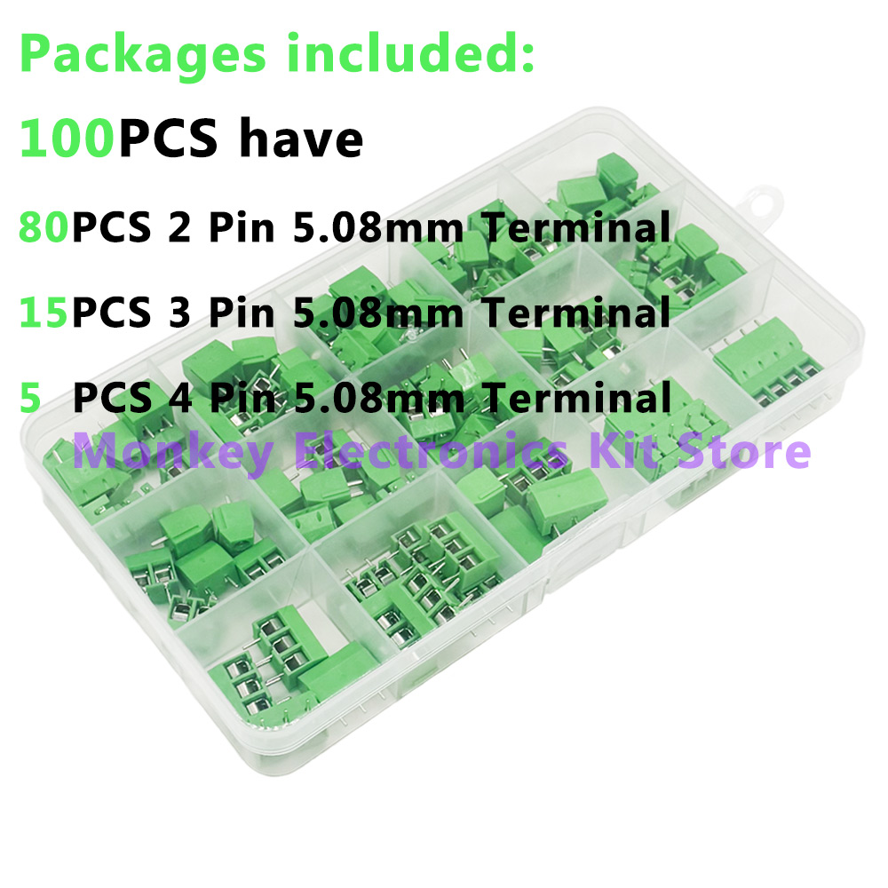 100PCS KF301-2P 3P 4P PCB Kit terminal 5.08MM post splicing plug-in green Kit