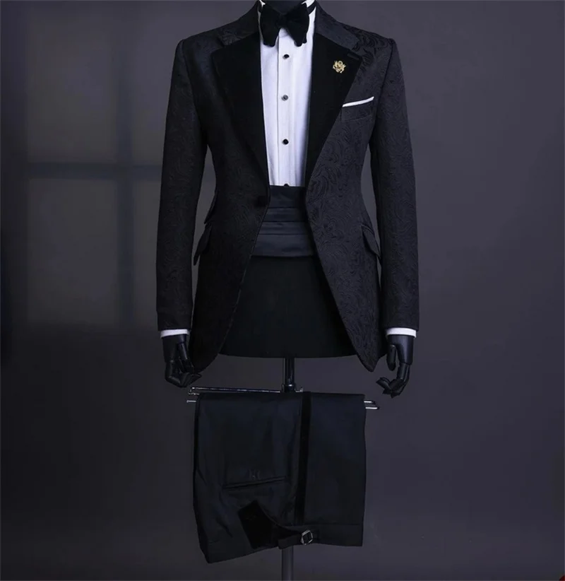 Conjunto de traje de Jacquard para hombre, chaqueta de 2 piezas + pantalones negros, esmoquin para boda, novio, abrigo para graduación, chaqueta Formal de oficina personalizada de algodón