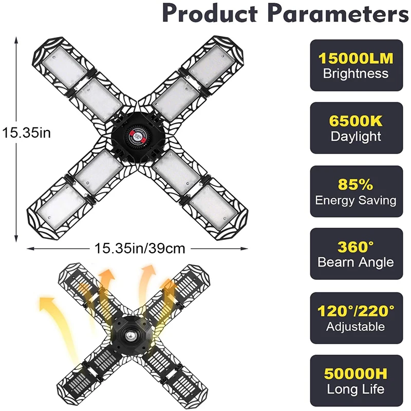 Powerful Garage Led Lamp Workshop Warehouse Ceiling Work Lights Folding 15000 Lumen 150W Light for Garage Industrial Lighting