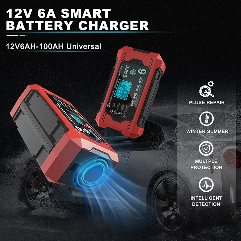 車とオートバイのバッテリー充電器,鉛蓄電池,スマート修理,液晶画面,6a,12v