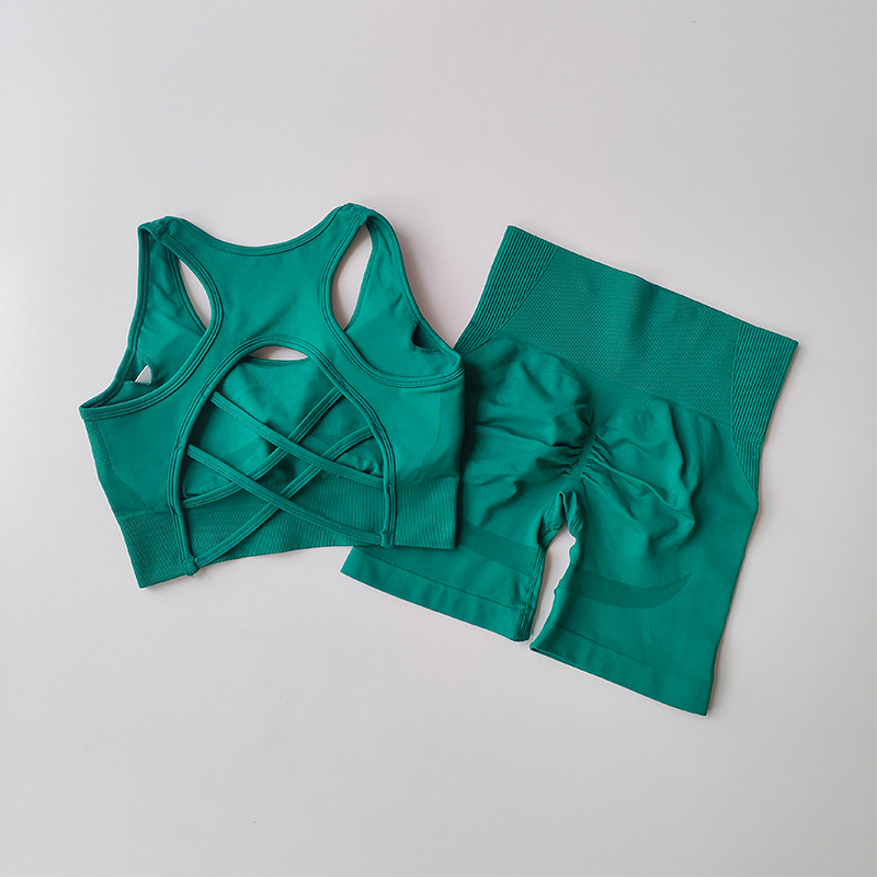 Conjunto de Fitness de cintura alta y levantamiento de cadera para mujer con parte de atrás bonita, sujetador deportivo, vestido de Yoga, entrenamiento ajustado y pantalones cortos deportivos