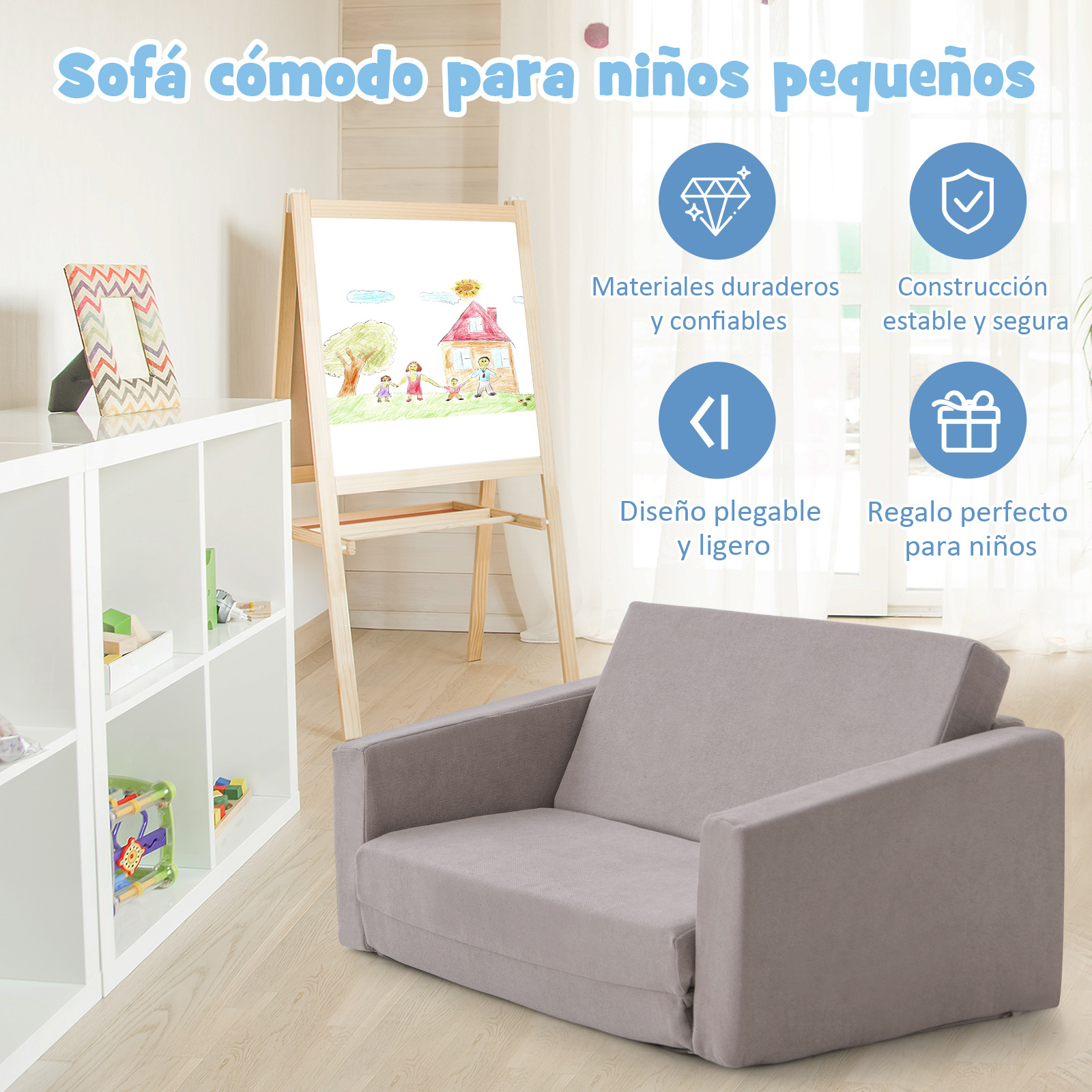Sillones Infantiles Convertible 2 en 1, Sofá Cama Plegable para Niños, Sofá Convertible en Cama con Funda Suave y Lavable, Muebles para Niños para Habitación de Niños, Dormitorio, Gris Claro