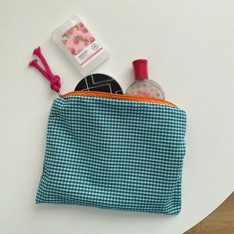 Borsa per trucco scozzese da donna per ragazza Borsa per cosmetici in cotone e lino con custodia con cerniera Borsa semplice portatile di grande capacità Moda