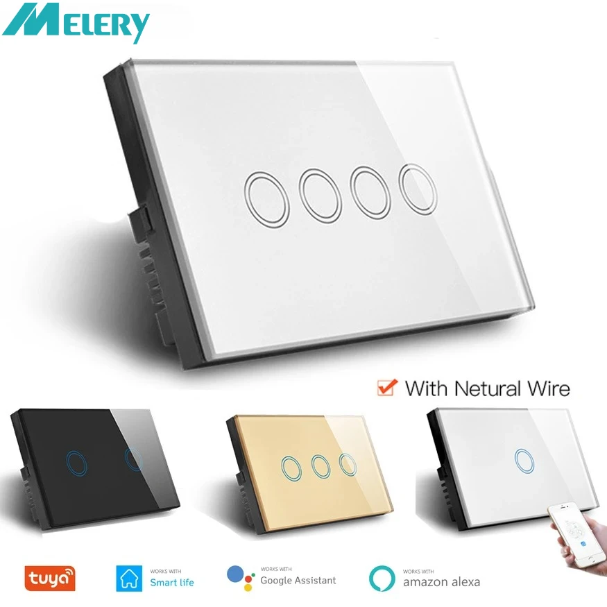 Melery Wi-Fi Smart Life Tuya Настенный выключатель света Прерыватель Стеклянная сенсорная панель Беспроводной голосовой пульт дистанционного управления от Alexa Google Home