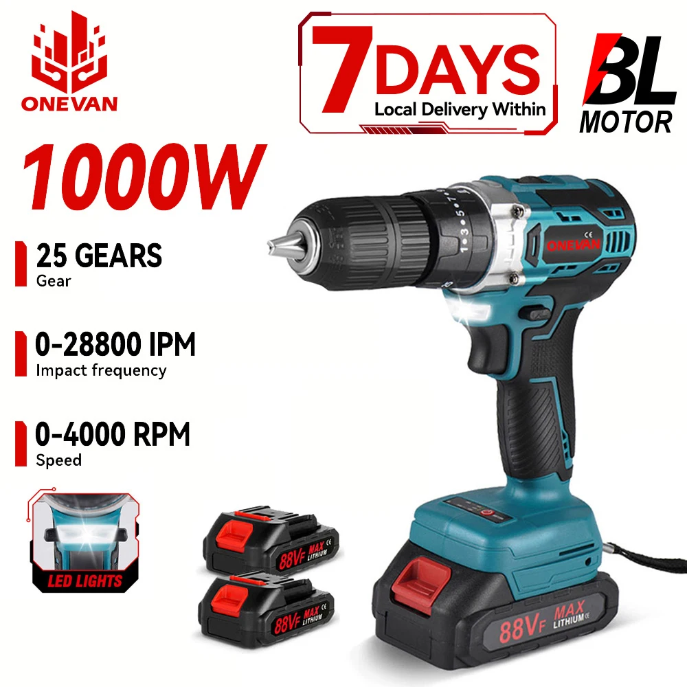 ONEVAN 1000W Trapano a percussione elettrico senza spazzole 25 + 3 Coppia 3 in 1 Cacciavite a batteria Utensili elettrici per Makita Batteria Pin