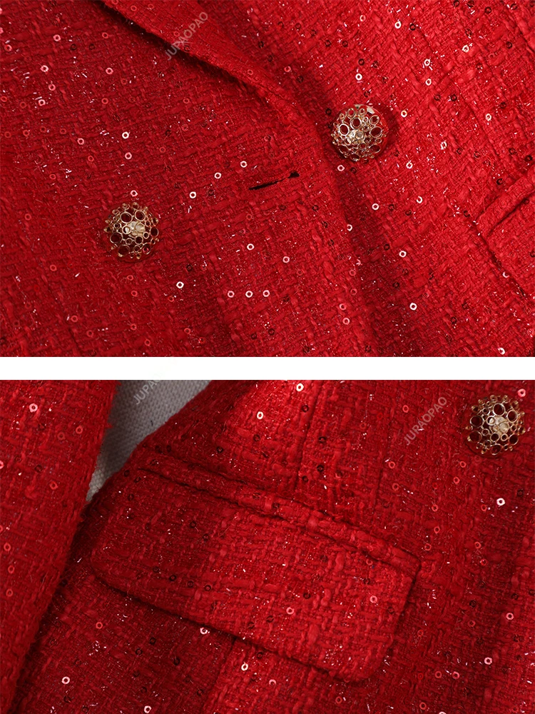 Langärmliger karierter Damen-Blazer, Damen-Freizeitjacke, einreihig, Knopfverzierung, Rot, Marineblau, Herbst, Winter