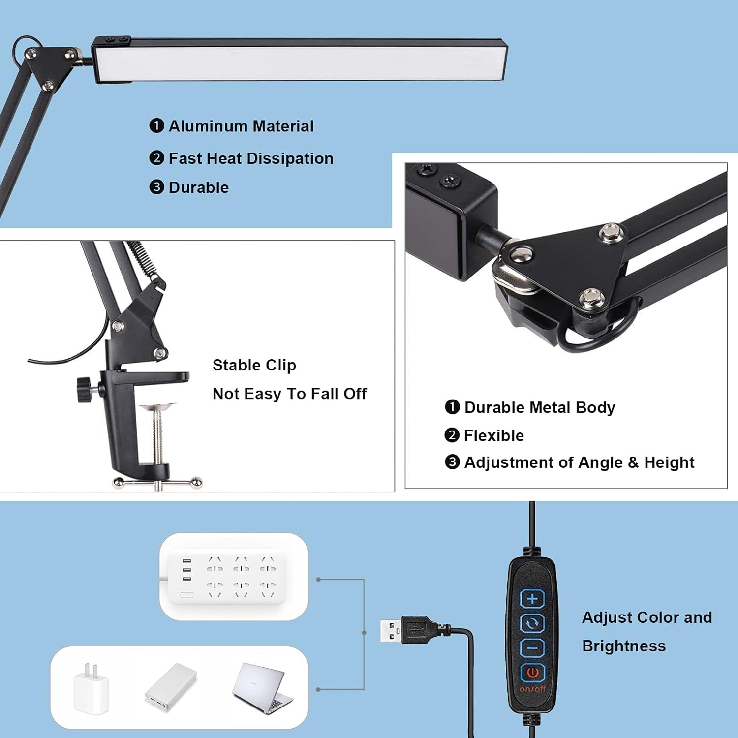 Led dobrável lâmpada de mesa metal clipe na braçadeira luz braço longo diming candeeiro mesa 3 cores ajustável para sala estar leitura computadores