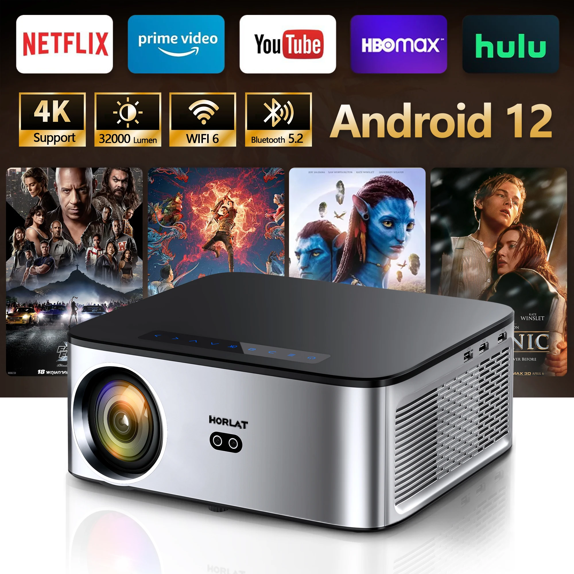 Proyector Horlat de 1600 lúmenes para exteriores, 1080P, Full HD, vídeo 4K, WiFi, Android, películas 3D, dispositivos de juego de cine en casa