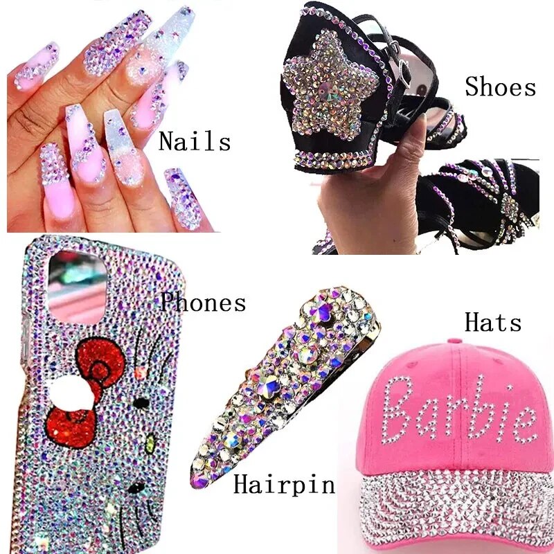 พลอยเทียมแบบหลังแบนไม่ร้อนแก้ไขเสื้อผ้าตกแต่งเล็บคริสตัลอุปกรณ์ตกแต่งเล็บสติกเกอร์ติดเล็บเพชรแวววาว DMC แบบ DIY