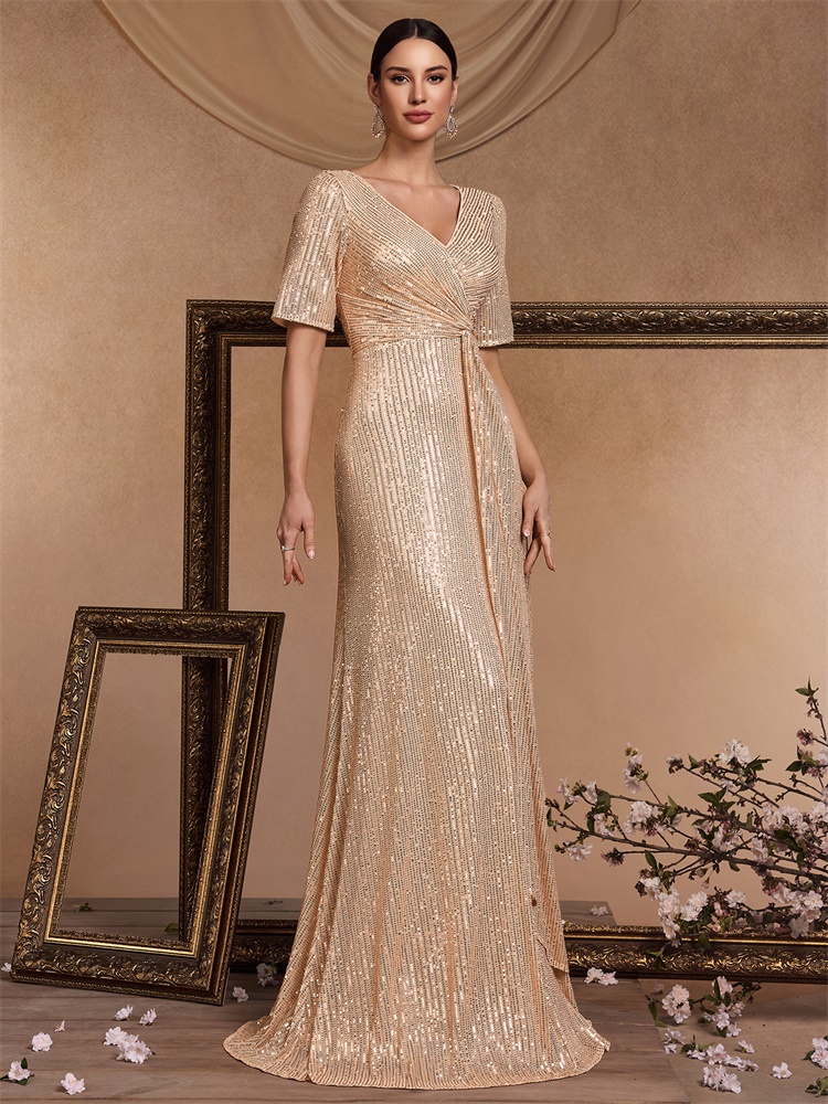 Lucyinlove Luxury Floor Length V-Neck Evening Dress 2024 Women Elegant Party Maxi Dress Sequin Short Sleeves Prom Cocktail Dress