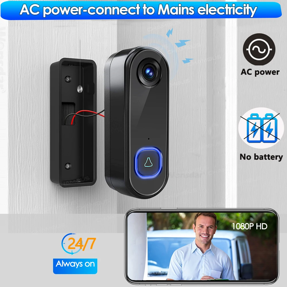 TUYAビデオドアベルWiFiワイヤレスアウトドアドアベルカメラAC DC電源1080 Pビデオドアホン防水IP 65 Alexa Googleホーム, ワイヤレスドアホン,  ドアカメラ wifi　モニタ