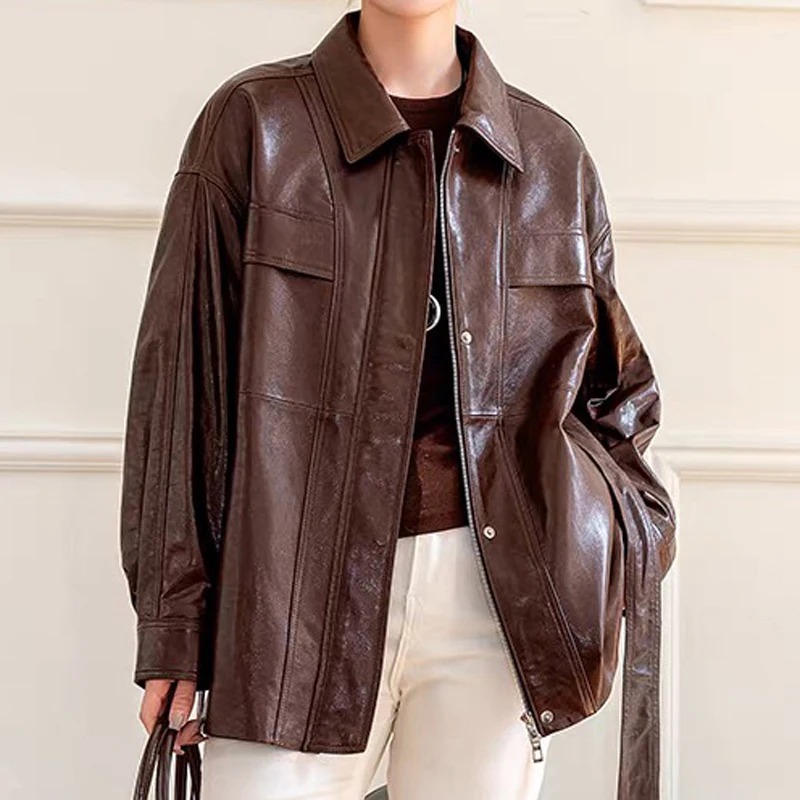 Tenues 2025 nouveau coupe-vent en cuir de cire d'huile importé femmes rétro marron décontracté mi-longue veste avec ceinture Abrigo Mujer