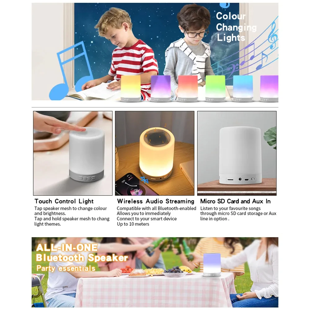 ベッドサイドナイトライト,USB充電式,カラフル,LEDタッチ,家の装飾用スピーカー