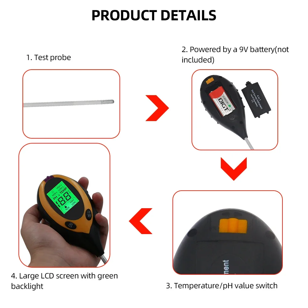 Probador de suelo 4 en 1, medidor de temperatura de humedad de PH, Monitor de humedad del suelo, herramienta de medida de acidez para plantas de jardín
