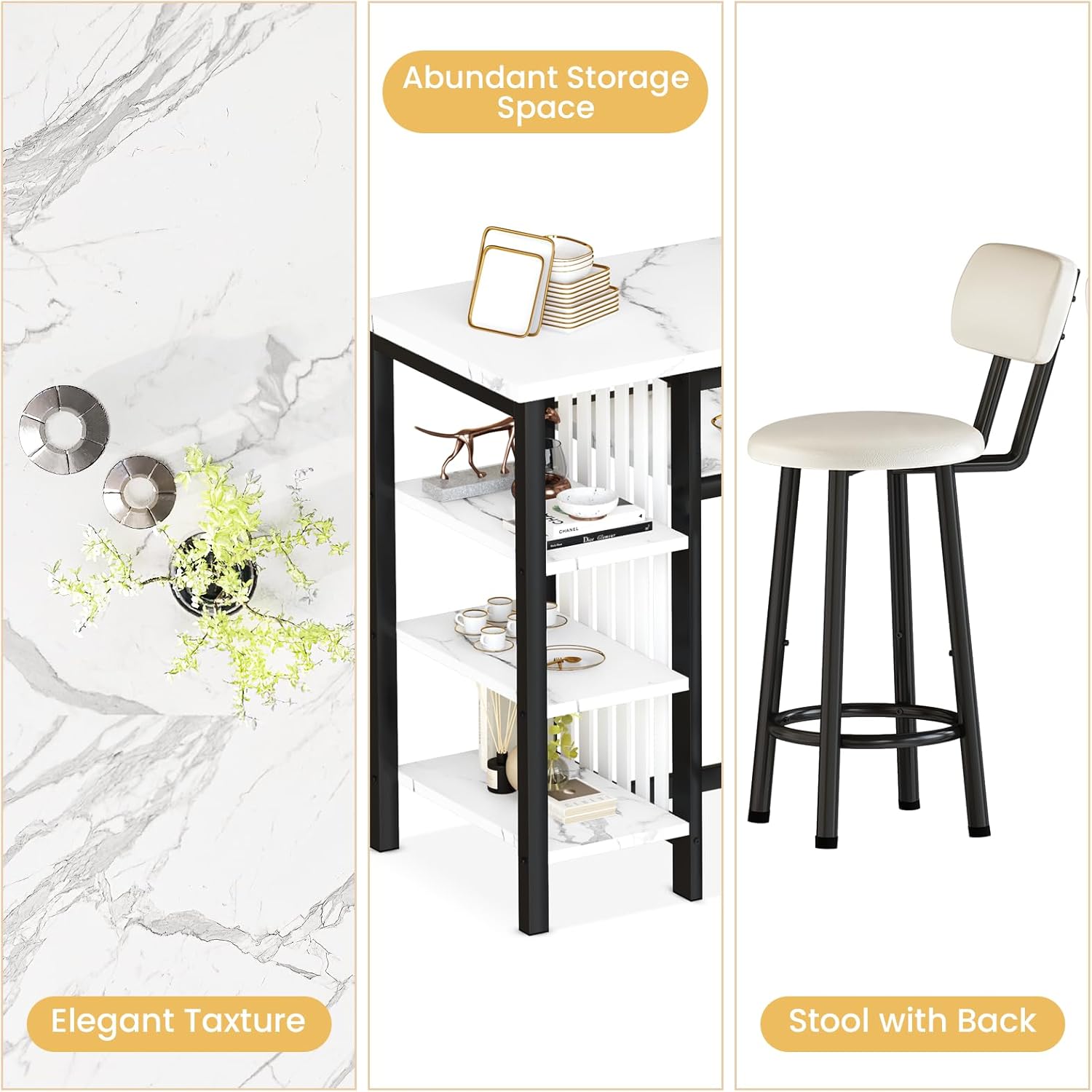 3-Piece Bar Table and Chairs Set,Modern White Faux Marble Table with 2 PU Cushion Bar Stools,3 Tier Storage Shelves, Black Frame