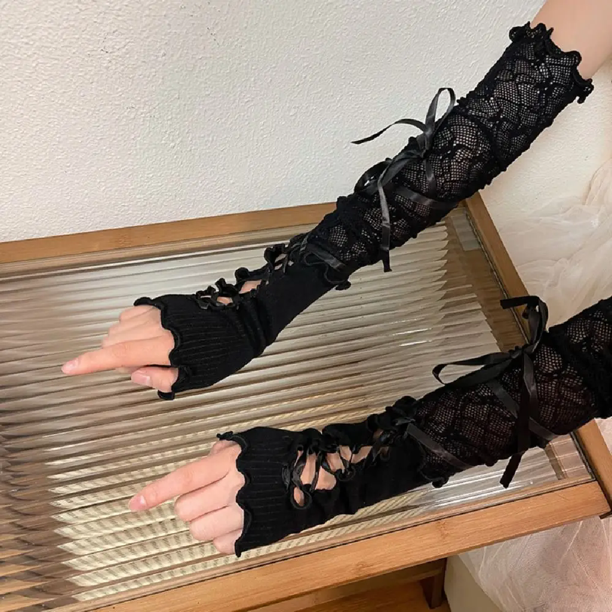 Frauen Lolita Jk Spitze Fingerlose Handschuhe Schwarz Gothic DIY Umreifung Sonnenschutz Hülse Kleidung Zubehör Elastische Mesh Punk Handschuhe
