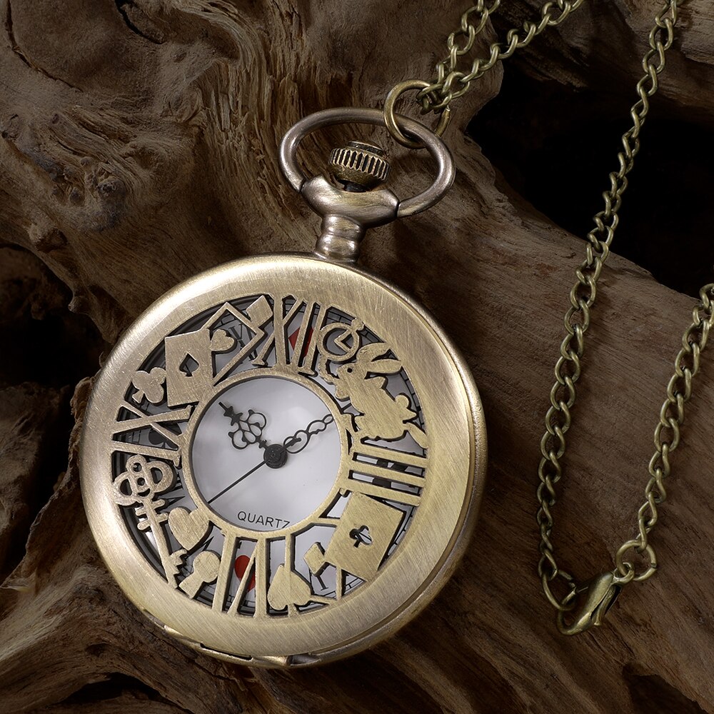 Neue Bronze Quarz Taschenuhr Retro Alice Thema Tasche Fob Uhr Anhänger Halskette Taschenuhr Männer Damen Geschenk
