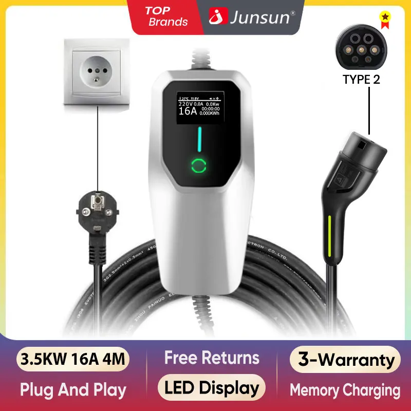 Junsun-enchufe de carga rápida para coche, cargador ev wallbox 3,5 kW, 7kW, 11kW, 22kW, 6A/8A/10A/13A/16A/20A/24A/32A, tipo 2 cargador coche dispositivos eléctricos de coche tipo 2 cargador cable carga coche tipo 2