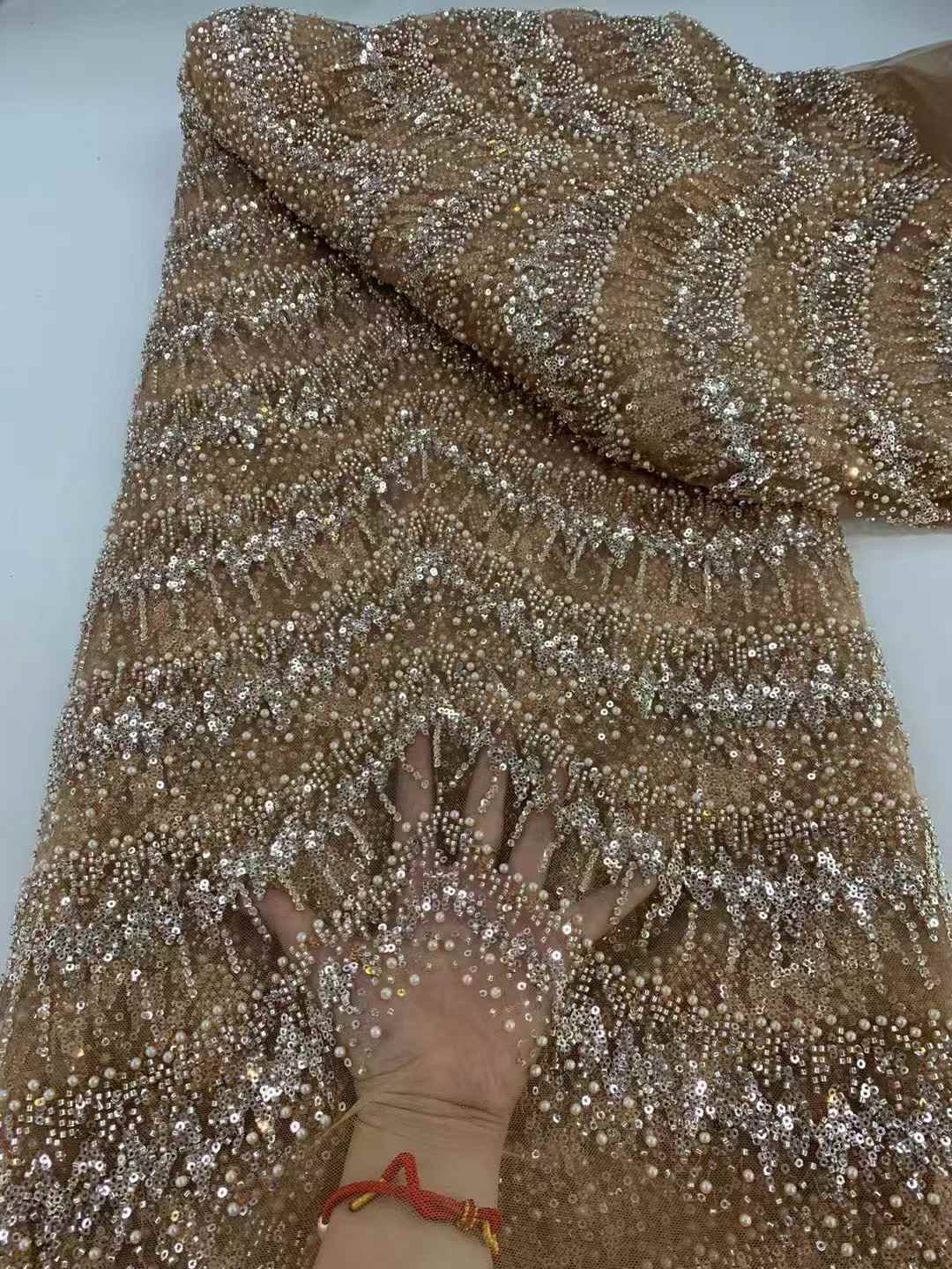 ผ้าลูกไม้ปักเลื่อมงานแฮนด์เมดสุดหรู5หลาผ้าลูกไม้ตาข่ายโปร่งฝรั่งเศสสำหรับชุดแต่งงาน