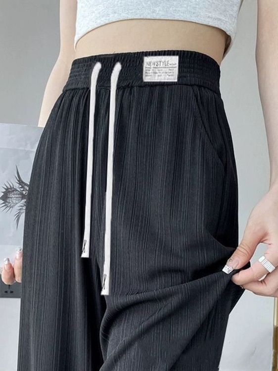 Slim Fit Ice Silk Wide Leg Pants Women's Summer Thin Casual High Waist Drapey Loose Slimming Straight Long Trousers