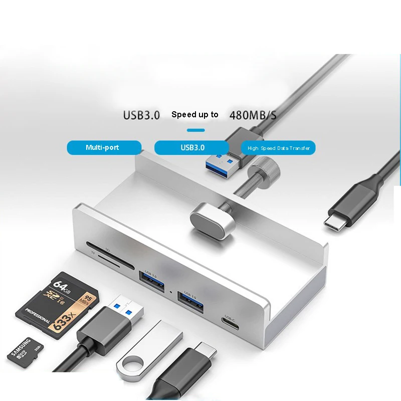 Aluminium Typ C 4-Port USB 3.0 HUB Telefonhalter SD TF USB Speicherkartenleser DC Netzteil Splitter Mehrere Extend Dock