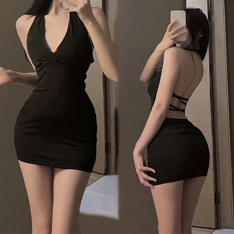 Frauen sexy Halfter rücken frei schlank V-Ausschnitt Wickel schwarz Party Nacht Mini kleid