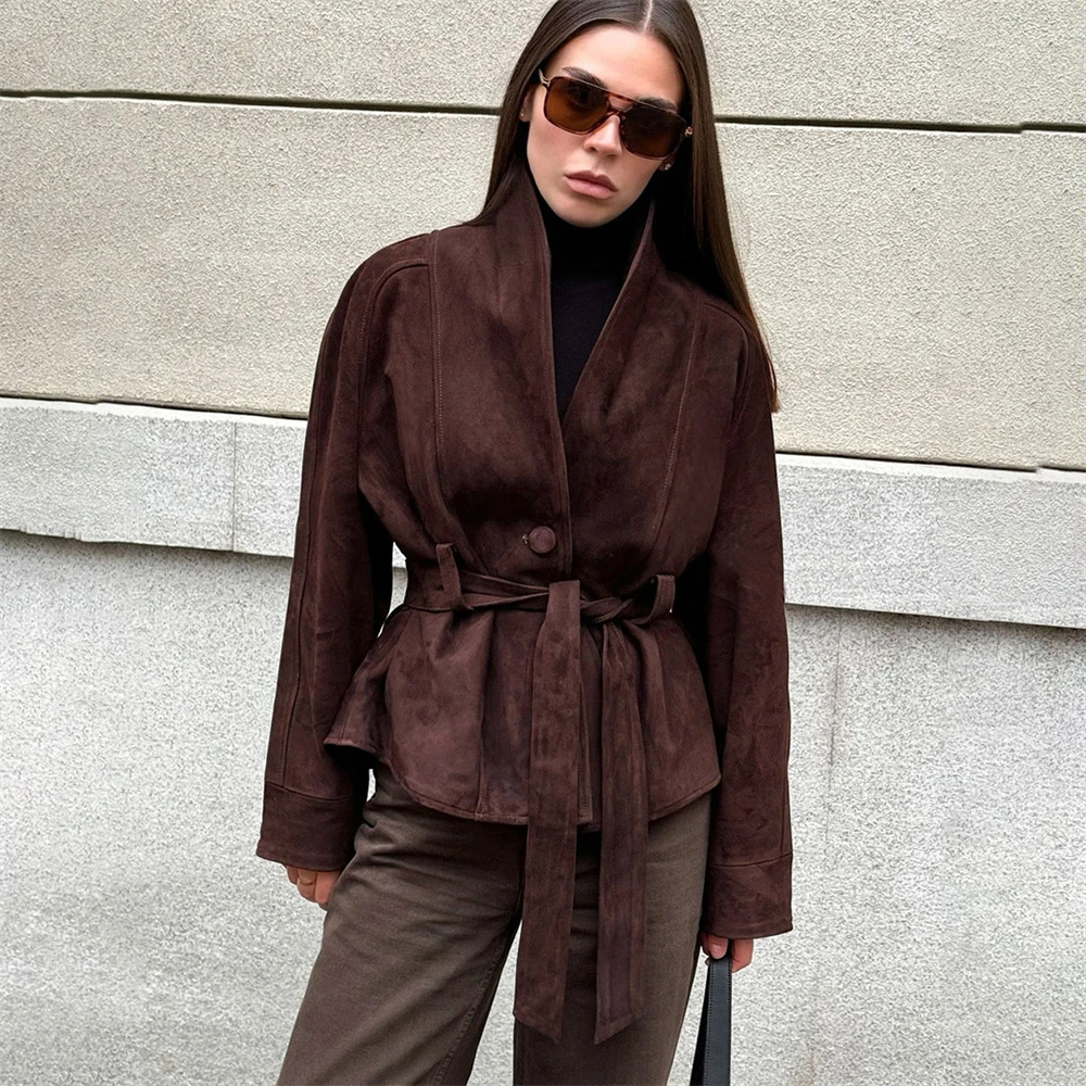 Tornova retro camurça jaqueta de manga comprida casaco feminino com decote em v rendas até jaqueta 2025 outono inverno novo comute escritório senhora outerwear
