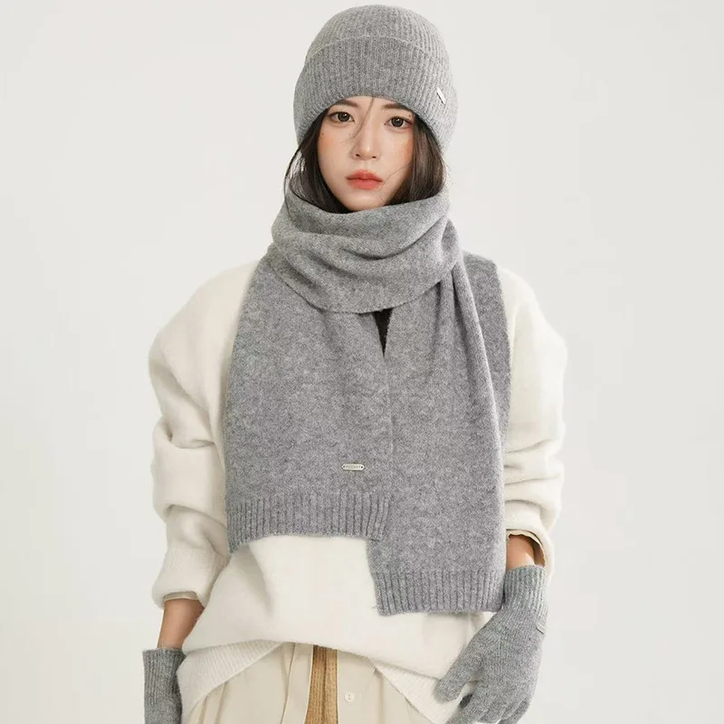 Knitted Hat, Scarf, And Gloves Three-Piece Set, Solid Color Wool, Autumn And Winter Warm Versatile Pure Color