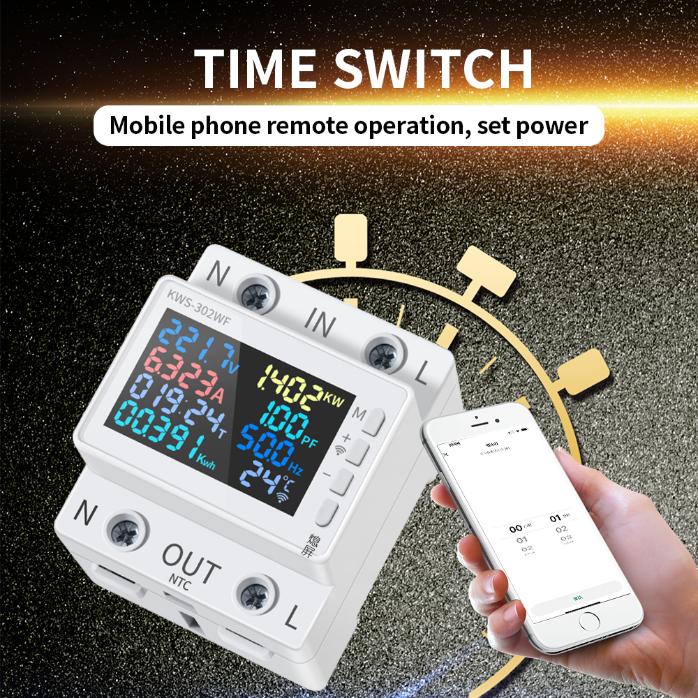 8 in 1 WIFI Power Meter 2P AC Energy Meter Standard Rail Mounting Phone Remotely Control 170-270V/63A Voltage Color Screen