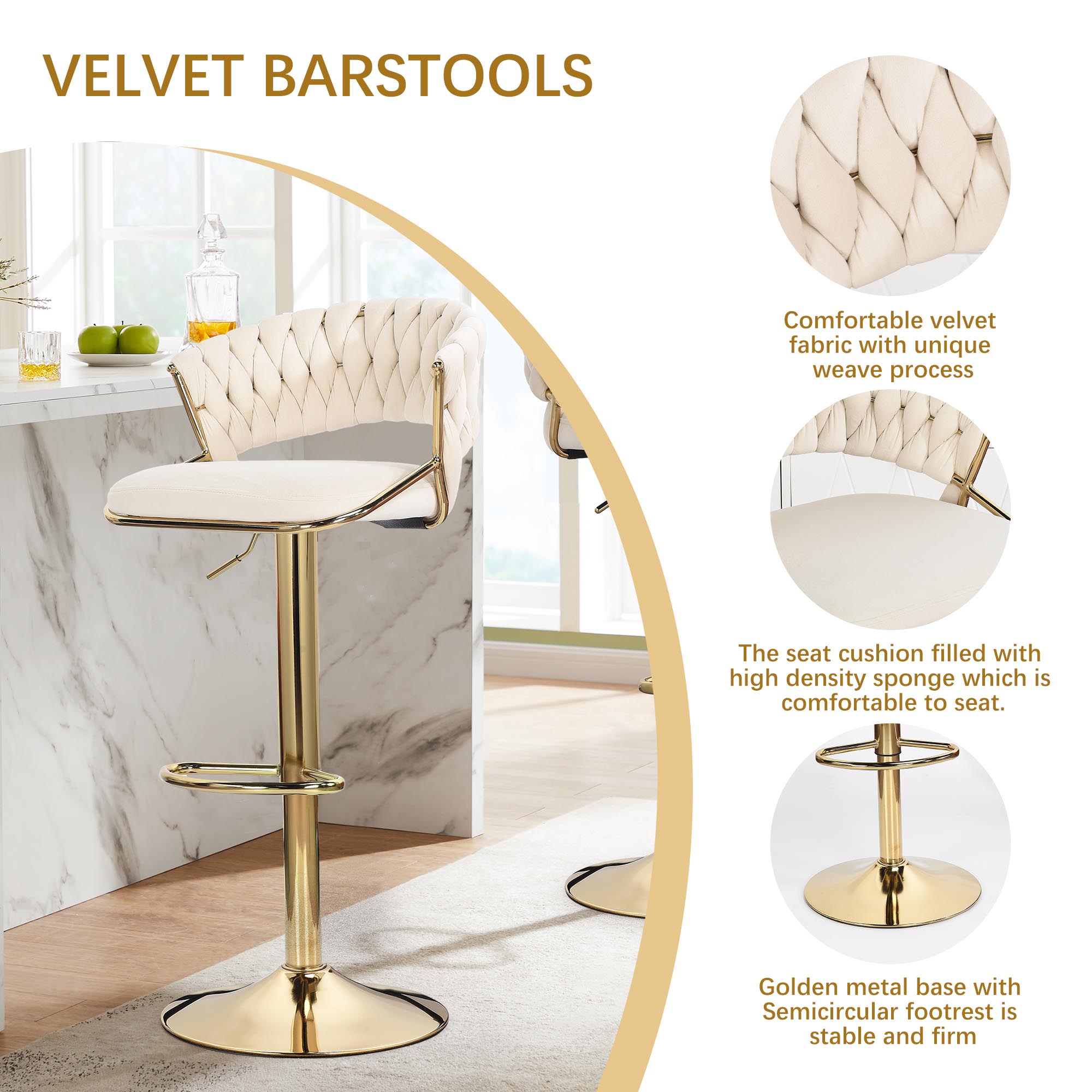 Sgabelli da bar e sedie da pranzo in confezione da 2 con schienale comfort in velluto intrecciato a mano, sgabello da bancone in metallo con base dorata ad altezza regolabile