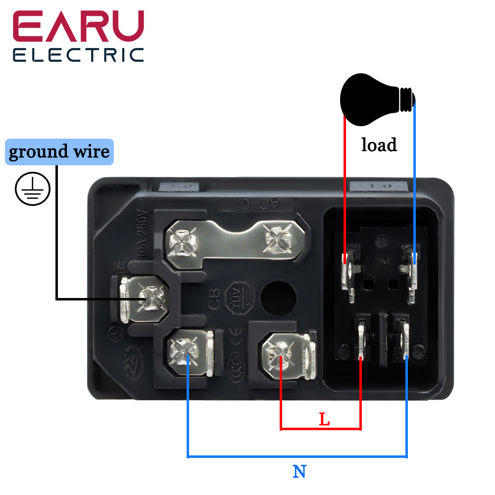 With 10A Fuse! Red Rocker Switch Fused IEC320 C14 Inlet Power Socket Fuse Switch Connector Plug Connector Red Green Blue Black
