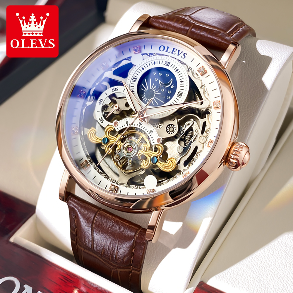 OLEVS Đồng Hồ Đồng Hồ Cơ Tự Động Nam Tourbillon Thể Thao Đồng Hồ Công Sở Mặt Trăng Đồng Hồ Đeo Tay Relojes Hombre