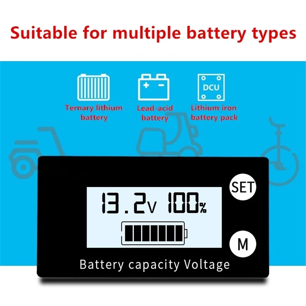 Đèn Báo Dung Lượng Pin DC 8V-100V Axit Chì Lithium Đời PO4 Xe Ô Tô Xe Máy Vôn Kế Điện Áp Đo 12V 24V 48V 72V