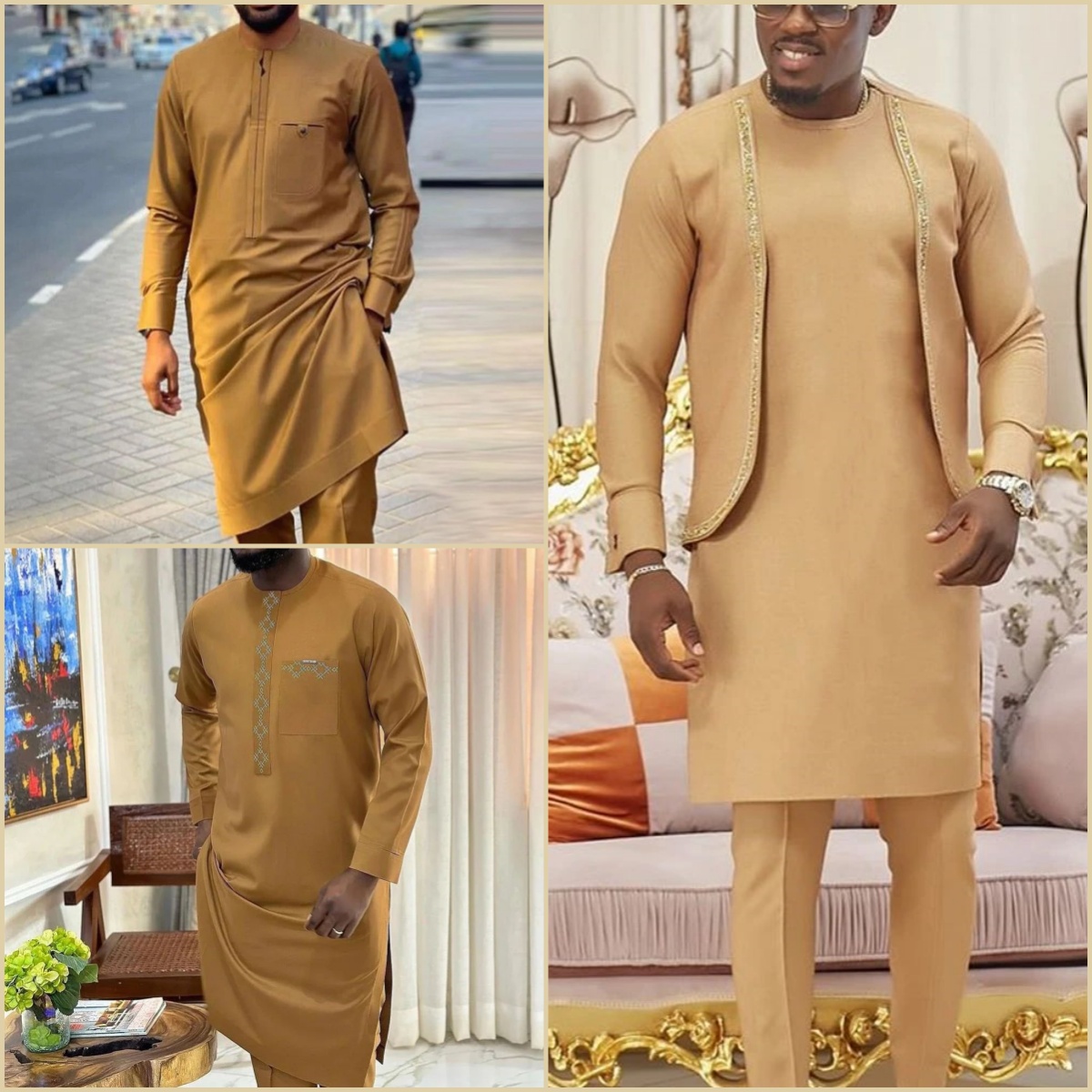 Kaftan nuevo en conjunto tradicional africano para hombre, trajes de dos piezas de manga larga con cuello redondo, elegante y a la moda, 2024