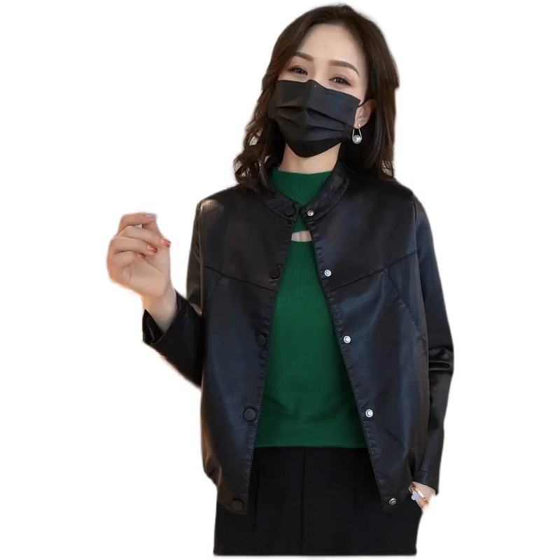 Loose Fit Short Leather Jacket Women's Coat Casual Sle Button Detail Water Washed PU Fabric round Neck Long Sleeve Coat