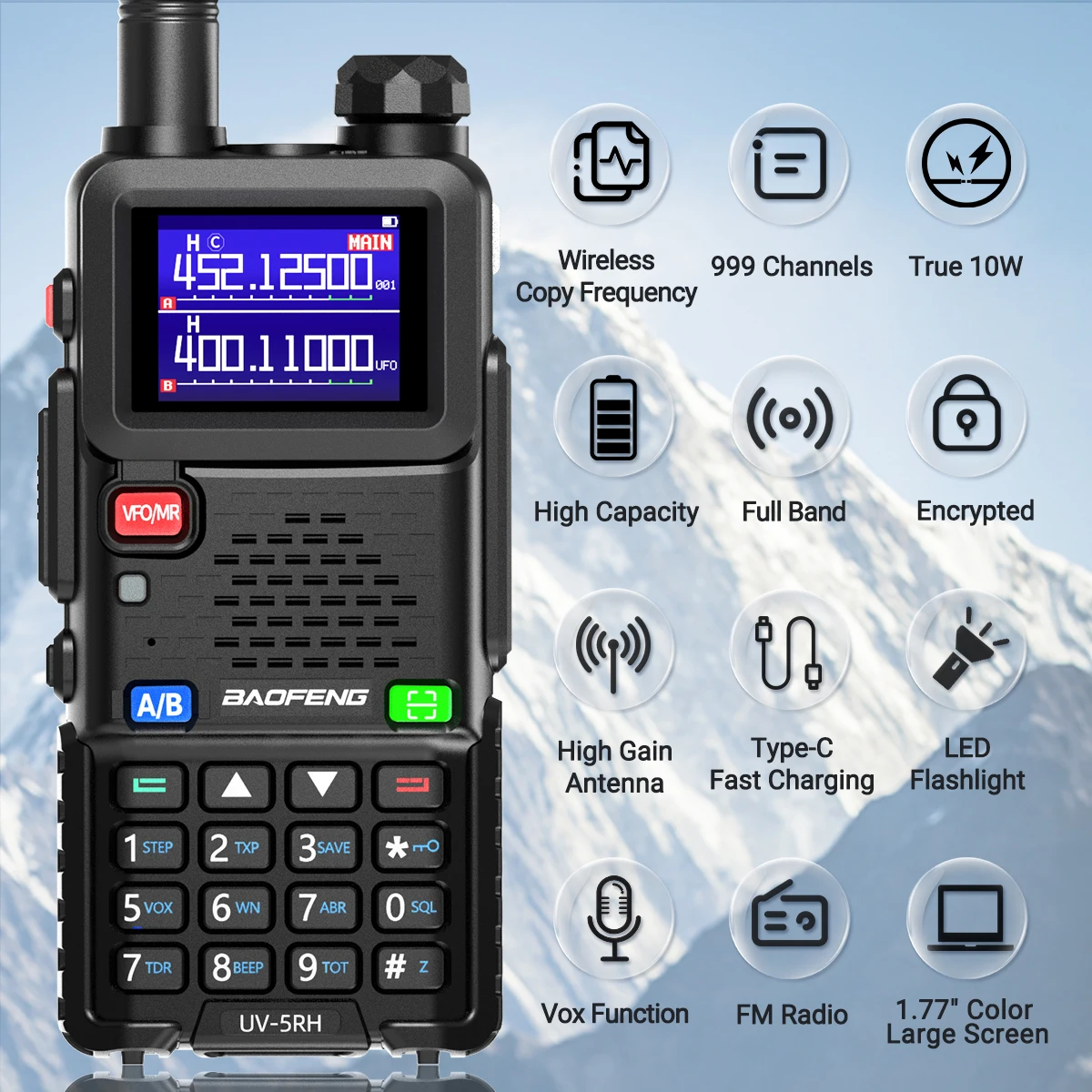Baofeng UV 5RH 10W Bande complete Walkie Talkie Wirless Frequenza di copia Tipo-C Caricatore Ricetrasmettitore UV 5R aggiornato Ham Radio bidirezionale