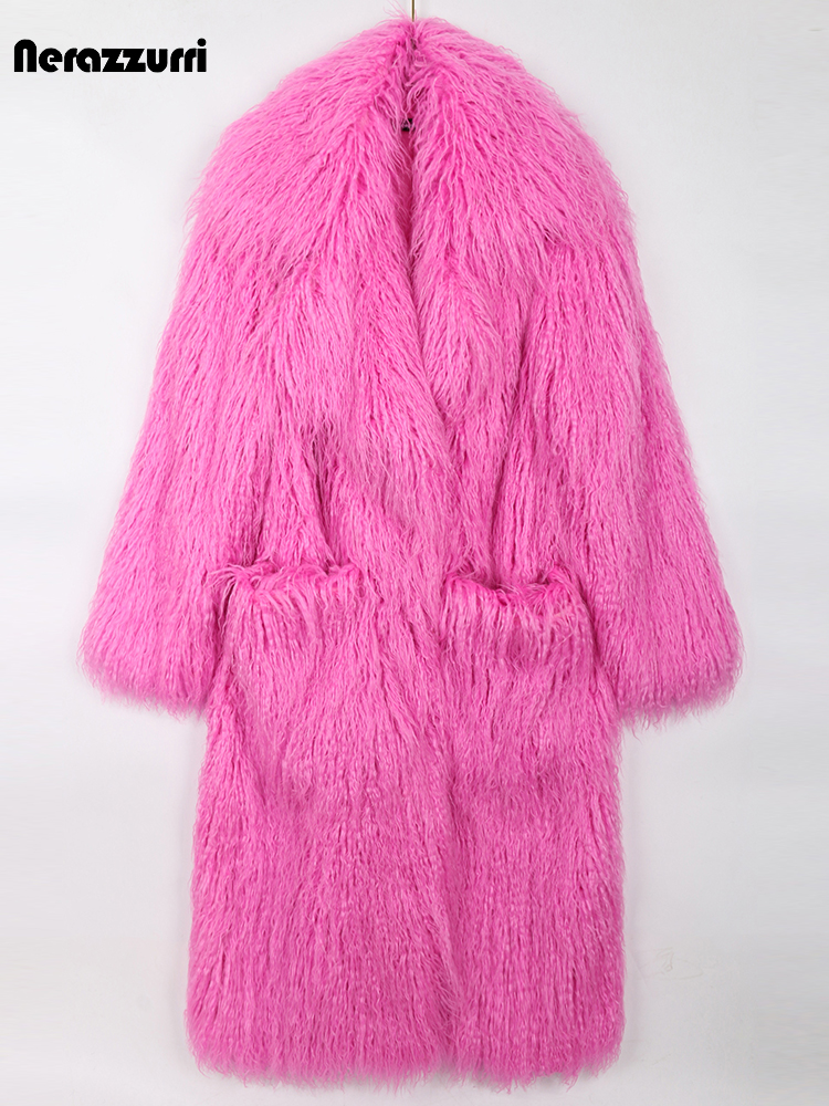 Nerazzurri Winter Lange Helle Rosa Übergroßen Shaggy Haarigen Weichen, Flauschigen Dicke Warme Faux Pelzmantel Frauen Revers Runway Nette Mode